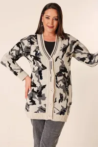 By Saygı Oversize Camouflage Sequin Long Knitwear Cardigan