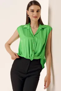 By Saygı Sleeveless Satin Front Knotted Collar Shirt APPLE GREEN