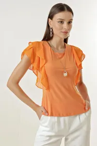 By Saygı Lycra Blouse with Chiffon Flounce Sleeves and Necklace