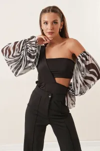 By Saygı Zebra Patterned Tulle Sleeves Asymmetrical Cut Lycra Bodysuit Black