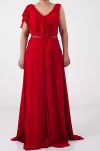 By Saygı Extending Ahead from the Shoulder Flounce Waist Tulle Detail Plus Size Chiffon Evening Dress Wide Size Range Red