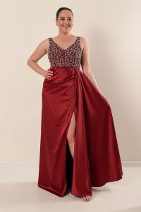 By Saygı Plus Size Long Satin Dress Claret Red with Tulle Stone Detailed Lined