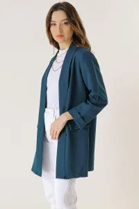 By Saygı Lycra Long Jacket with Fake Pockets, Shawl Collar
