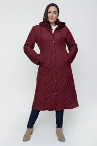 By Saygı Claret Red Plus Size Coat with a Shearling Hood, Pockets, and Checkered Pattern