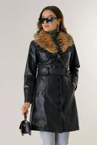By Saygı Fur Collar Waist Belt Lined Faux Leather Coat
