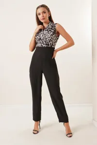 By Saygı Double Breasted Collar Leopard Pattern Sleeveless Jumpsuit Gray
