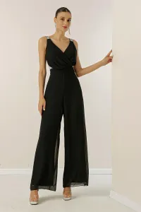 By Saygı Double Breasted Collar Straps Stone Detailed Lined Chiffon Jumpsuit