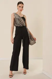 By Saygı One Side Thick Straps Leopard Pattern Satin Detailed Wide Leg Jumpsuit Black