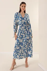 Autor: Saygı Netopierí rukáv elastický pás vrecko kvetinový vzor dlhé šaty modré