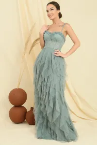 By Saygı Bead Rope Strapless Strapless Handkerchief Fringed Lined Long Tulle Dress #8842566