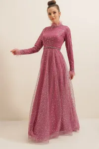 By Saygı Beaded Detailed Tulle Long Dress Fuchsia with Pile Collar And Sleeve Ends