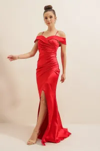 Autor: Saygı Loď Výstrih Sukňa plisovaná Podšívka Dlhé saténové šaty Červená