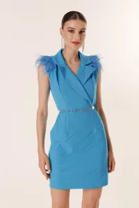 Autor: Saygı Dvojradové golierové pierko Detailné šaty s opaskom modré