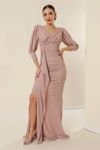 By Saygı Double-breasted Collar Lined Long Glitter Dress With Draped Front Slits and Arm Cuffs Powder