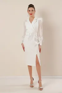 By Saygı Double-breasted Collar with a belt at the waist, Chiffon and Cuffs with a slit in the front. Feather Detail Crepe Dress in Ecru