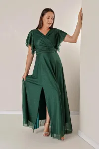 By Saygı Double Breasted Neckline Front Draped Lined Sleeves Flounce Slit Plus Size Long Lurex Dress