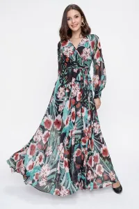 By Saygı Double Breasted Neck Long Sleeve Lined Floral Print Chiffon Long Dress Green