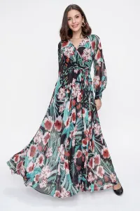 By Saygı Double Breasted Neck Long Sleeve Lined Floral Pattern Chiffon Long Dress Green