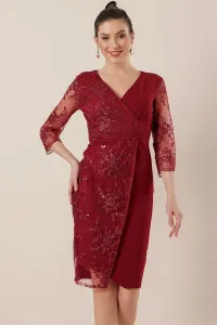 By Saygı Evening Dress With Lace One Side And Sleeves Claret Red