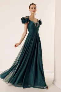 By Saygı Front Back V-Neck Rope Straps Short Sleeves Front Stitching Lined Long Tulle Dress Emerald