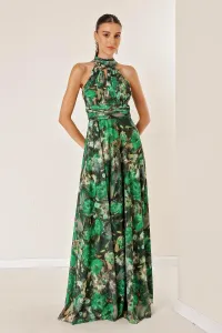 By Saygı Halterneck Lined Floral Long Tulle Dress Green