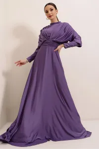 Autor: Saygı Predná zadná strana Zhromaždené rukávy Gombíky detailne podšité dlhé saténové šaty