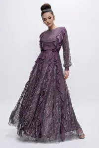 Autor: Saygı fialový volán strieborná čipka dlhé večerné šaty