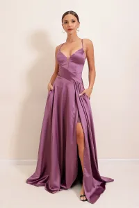 By Saygı Lilac Long Satin Dress with Imagination Tulle with Pockets and Back Drawstring Lined