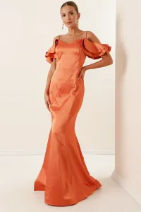 By Saygı Lined Long Satin Dress with Thread Straps Low Sleeves and Tie Back Orange