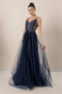By Saygı Lined Long Tulle Dress with Guipure Beads Detailed with Thread Straps, Navy #8230925