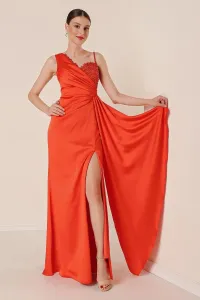 By Saygı Long Satin Dress with Beading Guipure Detail Lined and a Slit in the Front Orange with Threads on One Side