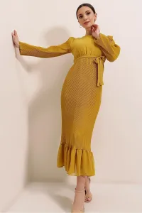 Od Saygı horčica plisované dlhé šifónové šaty s volánovou sukňou