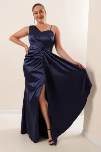Autor: Saygı Námornícka modrá Jednostranné povrazové popruhy Predné zhromaždené podšívky plus veľkosť dlhé saténové šaty