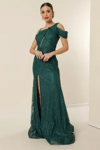 Od Saygı jednostranné vlákna, ramienka, korálky, podšívka, vyšívané flitre, vyšívané dlhé šaty morskej panny s rozparkom v prednom smaragde