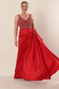 By Saygı Plus Size Long Satin Dress Red with Tulle Stone Detailed Lined