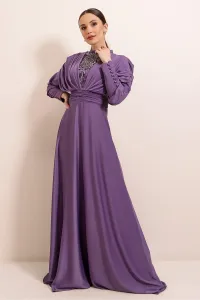 Autor: Saygı Vpredu podšité korálkové saténové dlhé šaty s detailnými rukávmi na gombíky