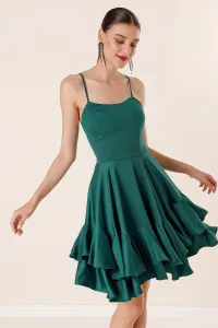 By Saygı Rope Strap Katkat Flounce Lined Satin Dress Emerald