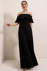 Autor: Saygı volánový golier s pásom, plisované dlhé šaty čierne