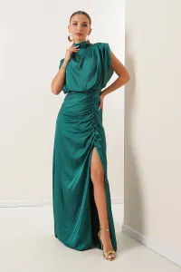 By Saygı Side Slits Belted Waist Lined Decollete Long Crepe Satin Dress Emerald