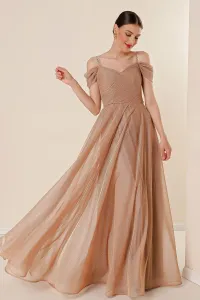 By Saygı Strappy Low Sleeve Lined Wide-body Interval Long Silvery Dress