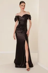 By Saygı Sweetheart Neck Low Sleeve Lined Gathered Long Satin Dress with Front Slit Black