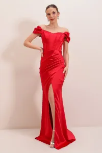 By Saygı Underwired Lined Long Satin Dress with Pleats Red