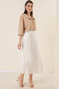 By Saygı Elastic Waist and Lined Mini Checkered Thick Stripe Long Chiffon Skirt White