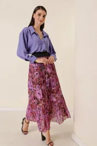 By Saygı Wide Waist, Elastic Lined Chrysanthemum Pattern Tri-Pleat Skirt Purple