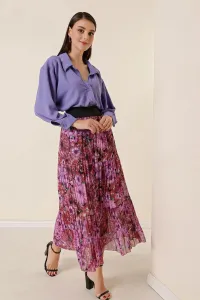 By Saygı Wide Elastic Waist Lined Chrysanthemum Patterned Three Layer Pleated Skirt Purple