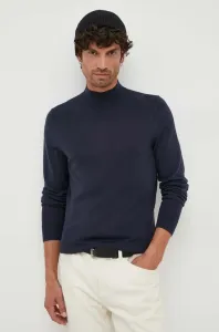 Vlnený sveter Calvin Klein pánsky, tmavomodrá farba, tenký, s polorolákom