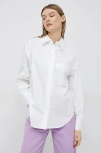 Bavlnená košeľa Calvin Klein dámska, biela farba, voľný strih, s klasickým golierom #9205502