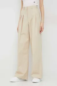 Bavlnené nohavice Calvin Klein dámske, béžová farba, široké, vysoký pás #6879479