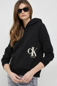 Bavlnená mikina Calvin Klein Jeans dámska, čierna farba, s kapucňou, s potlačou #5459249
