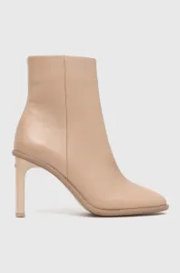 Kožené členkové topánky Calvin Klein CURVED STIL ANKLE BO dámske, béžová farba, na podpätku, HW0HW01601 #8919920